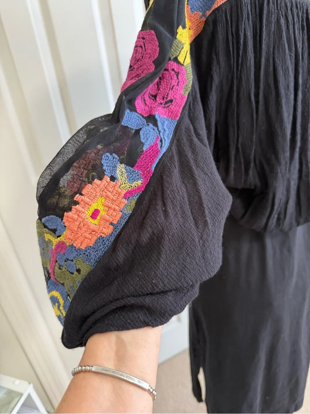 Free People Black Crop Top with Multicolor Floral Embroidery small BoHo blouse - Picture 3 of 10
